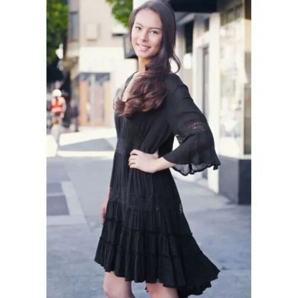 Free People Black Dream Cloud Dress bohemian sheer lace flutter sleeve small‎ - Picture 1 of 8